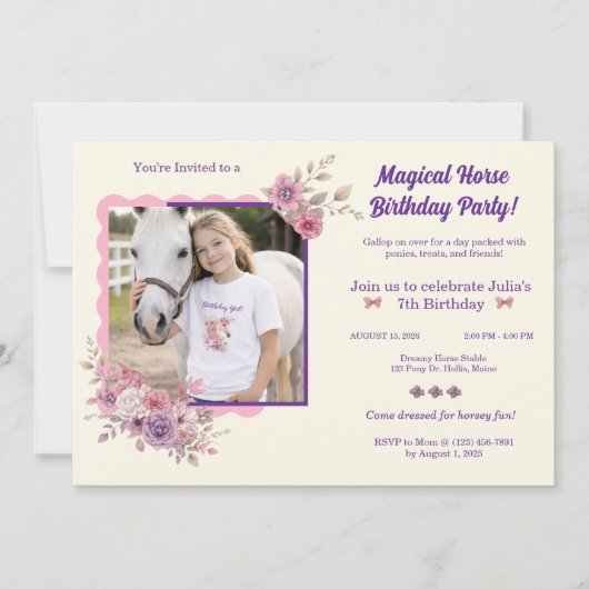 Girls Pretty Ponies Pastel Floral Horse Invitation 招待状 (正面)