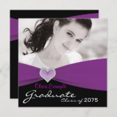 Girls Purple and Black Photo Graduation 招待状 (正面/裏面)