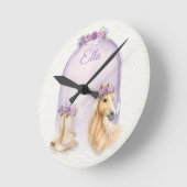 Girls Purple Floral Horse ラウンド壁時計 (傾斜)