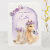 Girls Purple Floral Horse Birthday カード (黄色い花)