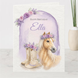 Girls Purple Floral Horse Birthday カード