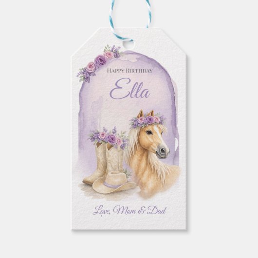 Girls Purple Floral Horse Birthday ギフトタグ (正面)
