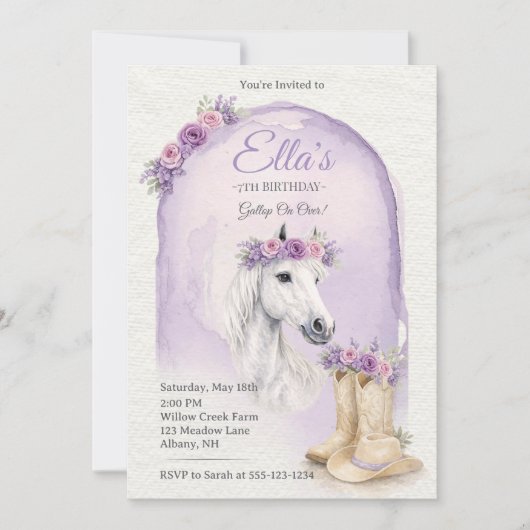 Girls Purple Floral Horse Birthday Invitation 招待状 (正面)