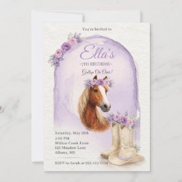 Girls Purple Floral Horse Birthday Invitation 招待状
