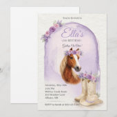 Girls Purple Floral Horse Birthday Invitation 招待状 (正面/裏面)