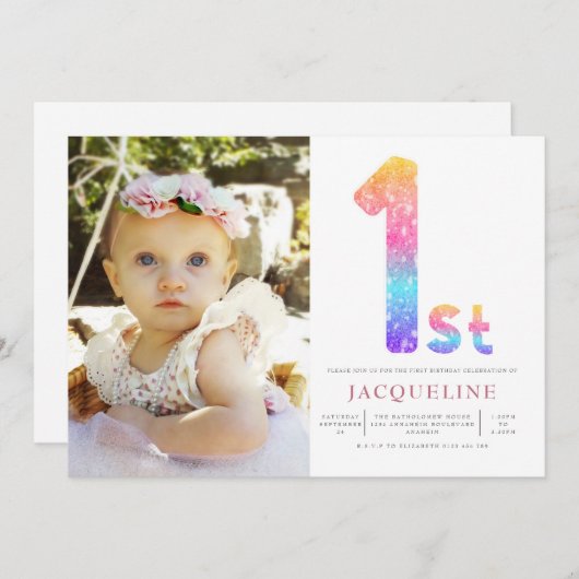 Girls Rainbow 1st Birthday Photo 招待状 (正面/裏面)