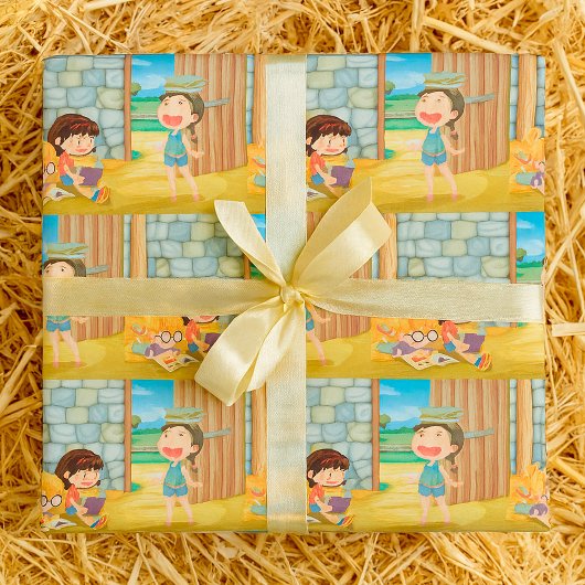 Girls Reading In A Barn Wrapping Paper ラッピングペーパー