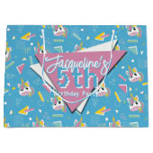 Girls Retro Blue Unicorn Birthday ラージペーパーバッグ (正面)