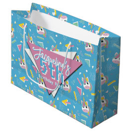 Girls Retro Blue Unicorn Birthday ラージペーパーバッグ