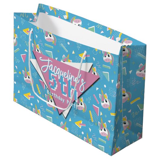 Girls Retro Blue Unicorn Birthday ラージペーパーバッグ (正面アングル)