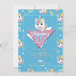 Girls Retro Blue Unicorn Birthday Invitation 招待状