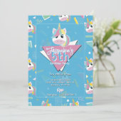Girls Retro Blue Unicorn Birthday Invitation 招待状 (スタンド正面)