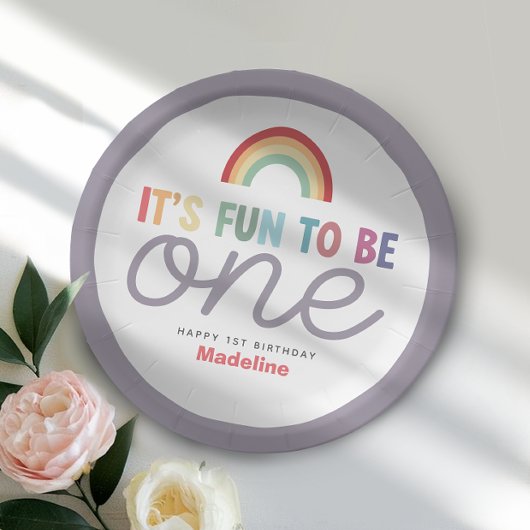 Girls Retro Fun to be One Rainbow 1st Birthday ペーパープレート