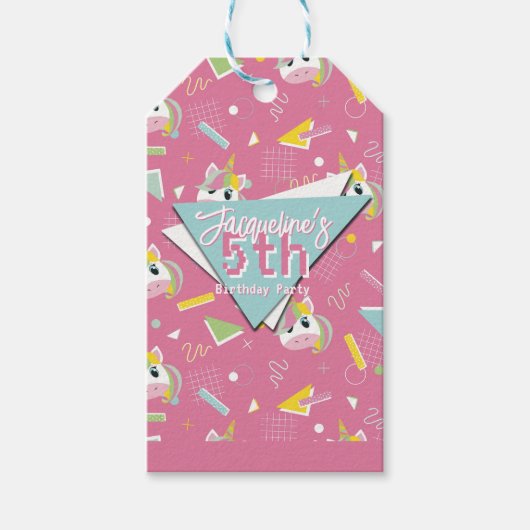 Girls Retro Pink Unicorn Birthday ギフトタグ (正面)