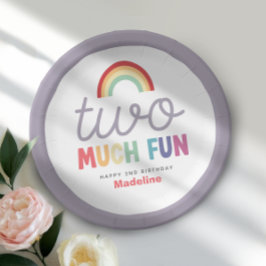 Girls Retro Two Much Fun Rainbow 2nd Birthday ペーパープレート