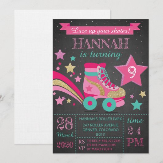 Girls Roller Skating Birthday Party 招待状 (正面/裏面)