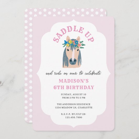 Girls Saddle Up Pink Pony Horse Birthday 招待状 (正面/裏面)