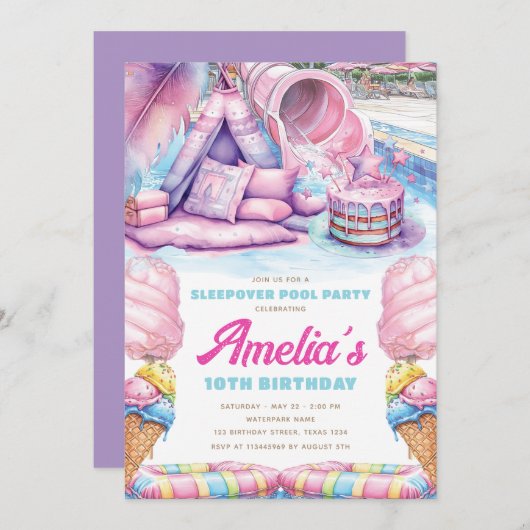 Girls Sleepover Pool Party 招待状 (正面/裏面)