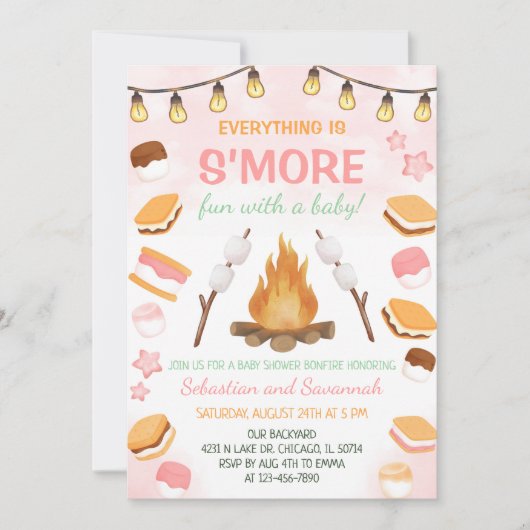 Girls S'more Fun Campfire Smores Baby Shower 招待状 (正面)