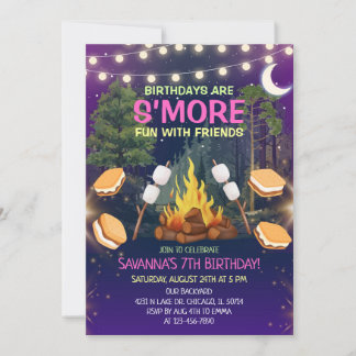 Girls S'more Fun Campfire Smores Birthday Party 招待状
