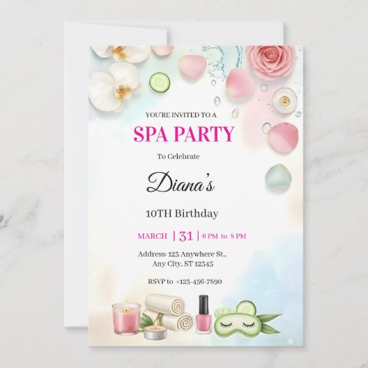 Girls Spa Birthday Party Invitation | Pamper Party 招待状 (正面)