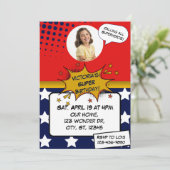 Girls Superhero Red, Blue, Gold & Stars Birthday 招待状 (スタンド正面)