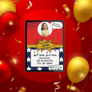 Girls Superhero Red, Blue, Gold & Stars Birthday  招待状