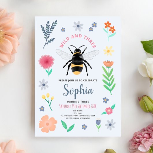 Girls Sweet Bee Wildflower Wild and Three Birthday 招待状