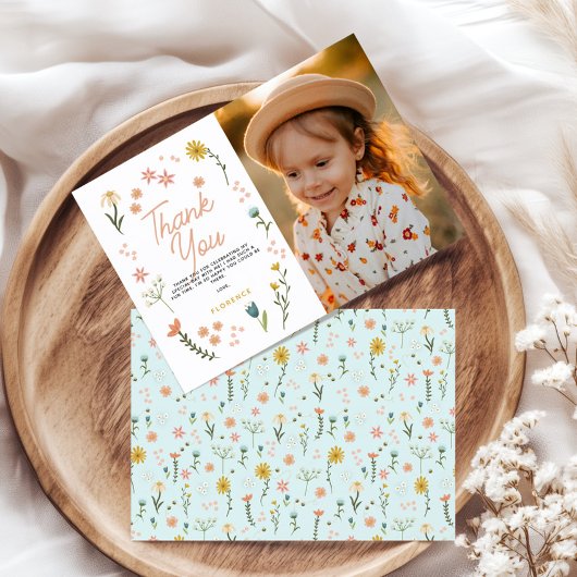 Girls Two Wild Boho Wildflower Birthday Photo サンキューカード