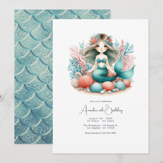 Girls Under the Sea Mermaid Birthday Party 招待状 (正面/裏面)