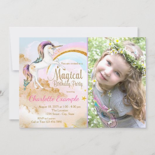 Girls Unicornフォトバースデーパーティ招待状 招待状 (正面)