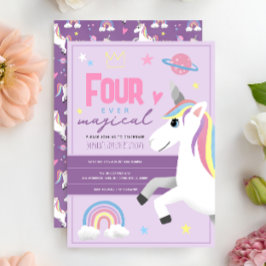 Girls Unicorn Four Ever Magical 4th Birthday 招待状