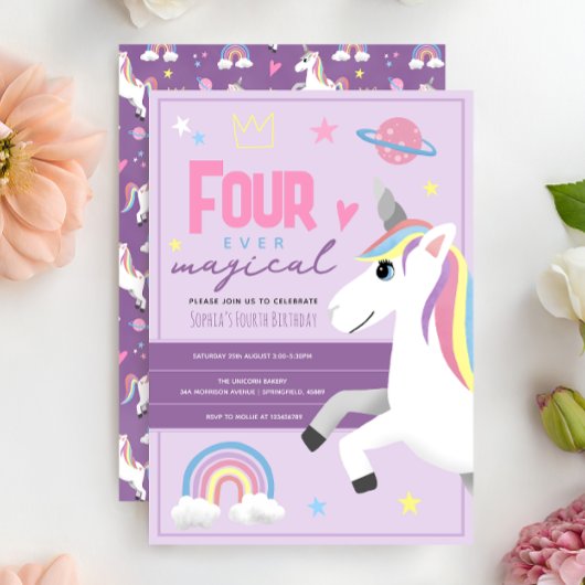 Girls Unicorn Four Ever Magical 4th Birthday 招待状