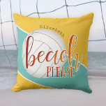 girls' volleyball trendy “beach please” クッション<br><div class="desc">This beach please volleyball throw pillow features the funny play-on-words quote "beach please" in mixed typography overlying a white volleyball - text has a sunset ombre color gradient of dark orange to gold - background features asymmetric, angled teal and orange colorblocking that can be customized; colors are reversed on the...</div>