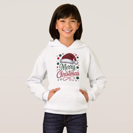 Girls’ White Pullover Hoodie with Santa Claus Desi (正面フル)