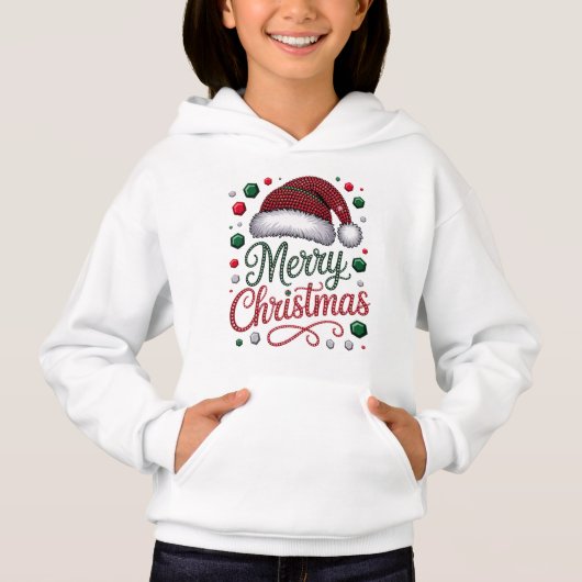 Girls’ White Pullover Hoodie with Santa Claus Desi (正面)