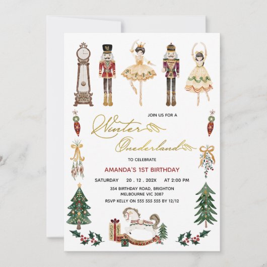 Girls Winter Onederland Nutcracker 1st Birthday 招待状 (正面)