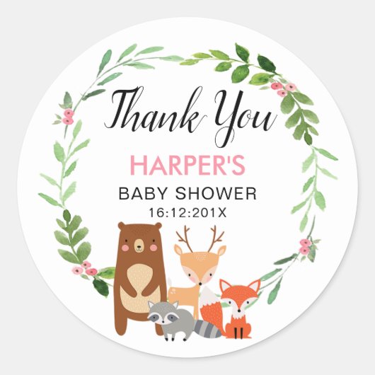 Girls Woodland Animals Baby Showerステッカー ラウンドシール (正面)