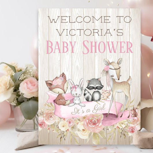 Girls Woodland Baby Showerウェルカムサイン ポスター