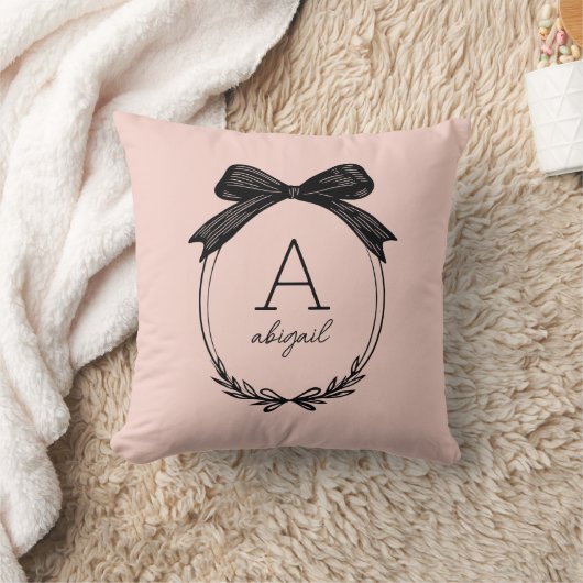 Girly Black Bow Modern Script Blush Pink Monogram クッション (ブランケット)