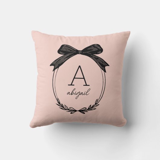 Girly Black Bow Modern Script Blush Pink Monogram クッション (裏面)