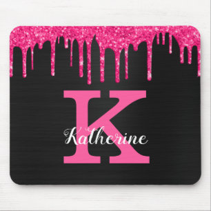 Girly Black Hot Pink Glitter Drips Monogram Name マウスパッド