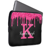 Girly Black Hot Pink Glitter Drips Monogram Name ラップトップスリーブ (正面右)