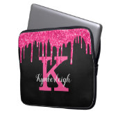 Girly Black Hot Pink Glitter Drips Monogram Name ラップトップスリーブ (正面左)