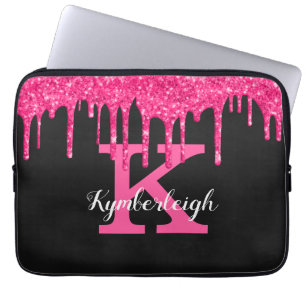 Girly Black Hot Pink Glitter Drips Monogram Name ラップトップスリーブ
