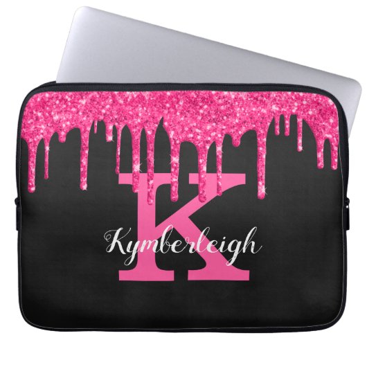 Girly Black Hot Pink Glitter Drips Monogram Name ラップトップスリーブ (正面)