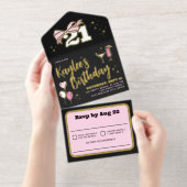 Girly Black Pink Gold Bow 21 Birthday Party オールインワン招待状 (切り取り部)