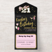 Girly Black Pink Gold Bow 21 Birthday Party オールインワン招待状 (内側)