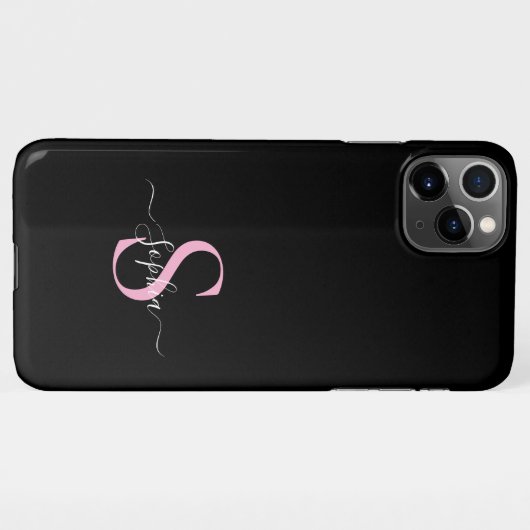 Girly Black Pink Monogram Stylish Script Name iPhoneケース (裏面横)