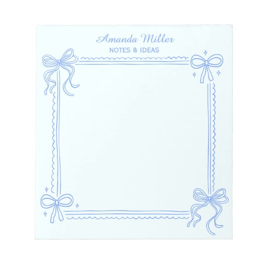 Girly Blue Coquette Bow Personalized Name ノートパッド (正面)